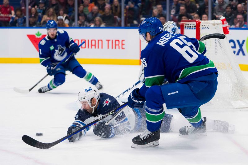 Feb 17, 2024; Vancouver, British Columbia, CAN; Winnipeg Jets defenseman Dylan DeMelo (2) blocks a pass made by Vancouver Canucks forward Ilya Mikheyev (65) in the second period at Rogers Arena. Mandatory Credit: Bob Frid-USA TODAY Sports