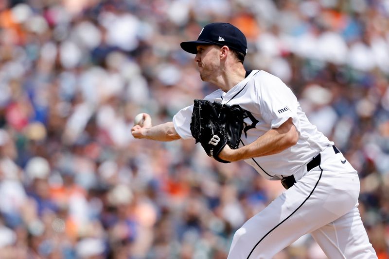 Jun 7, 2025; Detroit, Michigan, USA;  Detroit Tigers pitcher Chase Lee (53) pitches in the eighth inning against the Chicago Cubs at Comerica Park. Mandatory Credit: Rick Osentoski-Imagn Images
