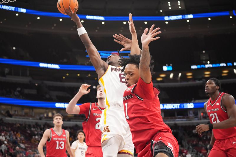 Mar 11, 2026; Chicago, IL, USA; Rutgers Scarlet Knights guard Jamichael Davis (1) defends Minnesota Golden Gophers guard Langston Reynolds (6) during the first half at United Center. Mandatory Credit: David Banks-Imagn Images