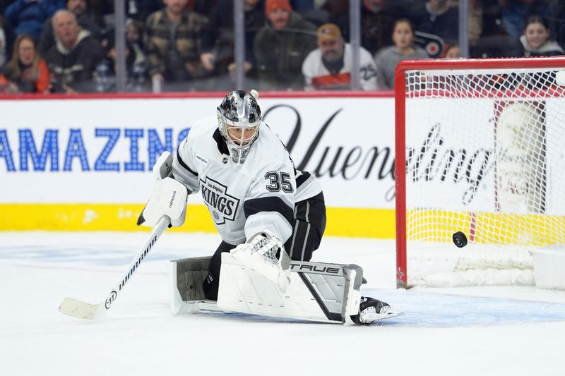Jan 31, 2026; Philadelphia, Pennsylvania, USA; Los Angeles Kings goaltender Darcy Kuemper (35) defends a shot in overtime against the Philadelphia Flyers at Xfinity Mobile Arena. Mandatory Credit: Kyle Ross-Imagn Images