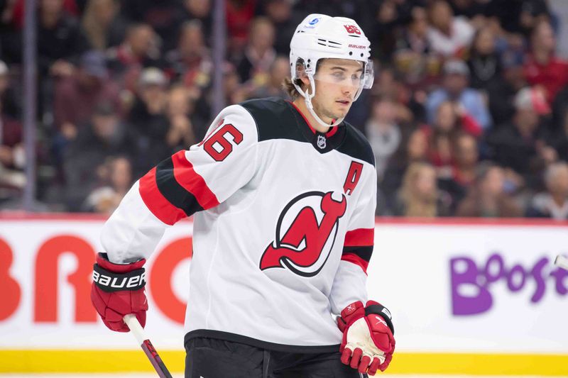 Oct 17, 2024; Ottawa, Ontario, CAN; New Jersey Devils center Jack Hughes (86) skates in the first period against the Ottawa Senators at the Canadian Tire Centre. Mandatory Credit: Marc DesRosiers-Imagn Images