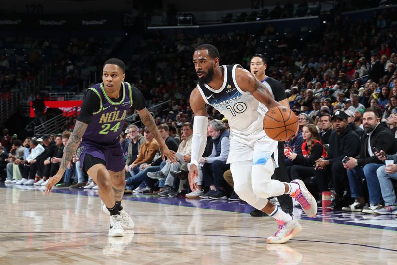 NEW ORLEANS, LA - JANUARY 7: Mike Conley #10 of the Minnesota Timberwolves handles the ball during the game against the New Orleans Pelicans on January 7, 2025 at the Smoothie King Center in New Orleans, Louisiana. NOTE TO USER: User expressly acknowledges and agrees that, by downloading and or using this Photograph, user is consenting to the terms and conditions of the Getty Images License Agreement. Mandatory Copyright Notice: Copyright 2025 NBAE(Photo by Layne Murdoch Jr./NBAE via Getty Images)