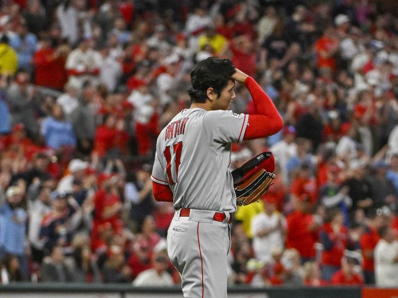 May 3, 2023; St. Louis, Missouri, USA;  Los Angeles Angels starting pitcher Shohei Ohtani (17) looks on after giving up a two ru8n home run to St. Louis Cardinals center fielder Dylan Carlson (not pictured) during the fourth inning at Busch Stadium. Mandatory Credit: Jeff Curry-USA TODAY Sports