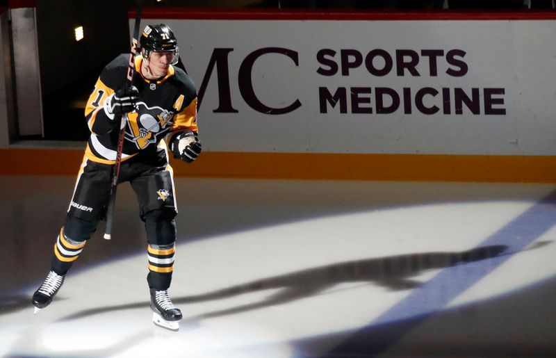 Oct 9, 2024; Pittsburgh, Pennsylvania, USA;  Pittsburgh Penguins center Evgeni Malkin (71) takes the ice against the New York Rangers during the first period at PPG Paints Arena. Mandatory Credit: Charles LeClaire-Imagn Images