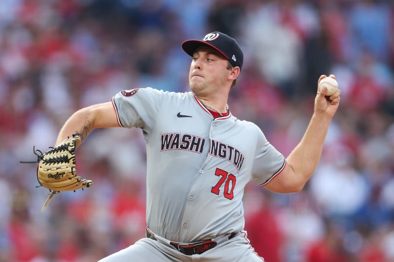 Aug 15, 2024; Philadelphia, Pennsylvania, USA; Washington Nationals pitcher Mitchell Parker (70) throws a pitch during the first inning against the Philadelphia Phillies at Citizens Bank Park. Mandatory Credit: Bill Streicher-USA TODAY Sports