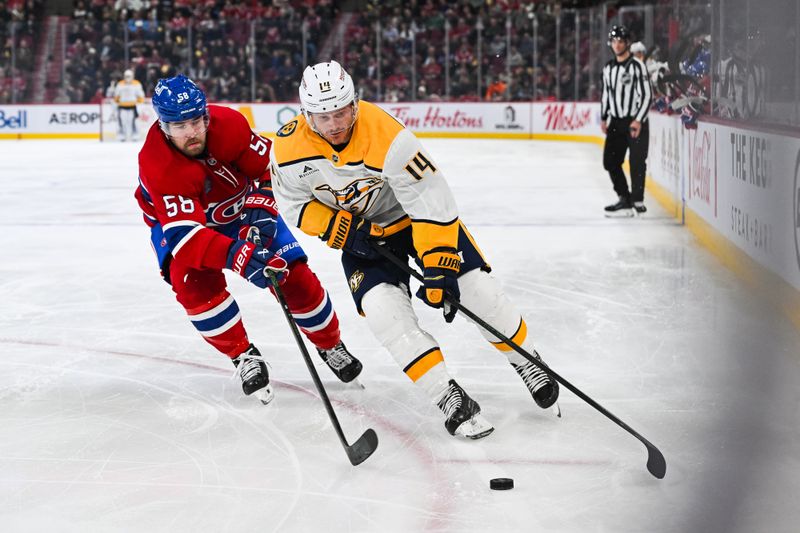 Dec 5, 2024; Montreal, Quebec, CAN; Montreal Canadiens defenseman David Savard (58) defends against Nashville Predators center Gustav Nyquist (14) during the third period at Bell Centre. Mandatory Credit: David Kirouac-Imagn Images