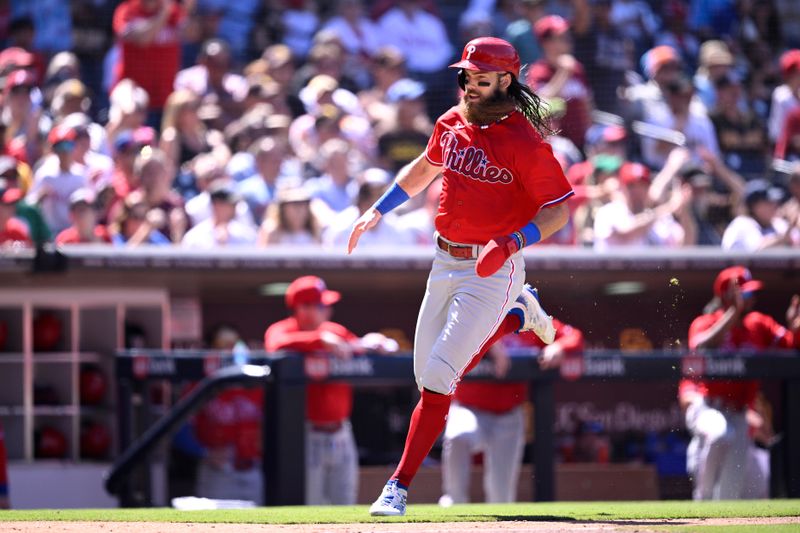 Sep 6, 2023; San Diego, California, USA; Philadelphia Phillies center fielder Brandon Marsh (16) advances home to score a run against the San Diego Padres during the fifth inning at Petco Park. Mandatory Credit: Orlando Ramirez-USA TODAY Sports