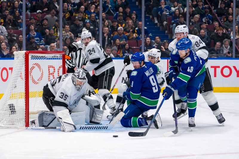 Jan 16, 2025; Vancouver, British Columbia, CAN; Los Angeles Kings goalie Darcy Kuemper (35) watches as Vancouver Canucks forward J.T. Miller (9) and forward Elias Pettersson (40) battle for the rebound with forward Trevor Moore (12) and defenseman Vladislav Gavrikov (84) in the second period at Rogers Arena. Mandatory Credit: Bob Frid-Imagn Images