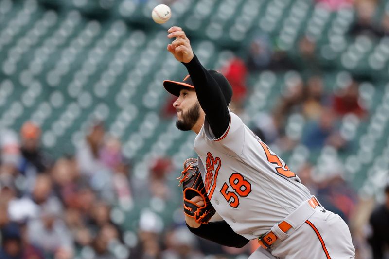 Apr 30, 2023; Detroit, Michigan, USA; Baltimore Orioles relief pitcher Cionel Perez (58) pitches in the fifth inning against the Detroit Tigers at Comerica Park. Mandatory Credit: Rick Osentoski-USA TODAY Sports