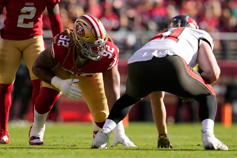 San Francisco 49ers defensive end Chase Young (92) during the first half of an NFL football game against the Tampa Bay Buccaneers in Santa Clara, Calif., Sunday, Nov. 19, 2023. (AP Photo/Godofredo A. Vásquez)