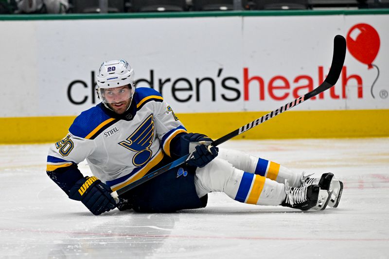 Apr 17, 2024; Dallas, Texas, USA; St. Louis Blues left wing Brandon Saad (20) reacts to a save by Dallas Stars goaltender Jake Oettinger (29) during the third period at the American Airlines Center. Mandatory Credit: Jerome Miron-USA TODAY Sports