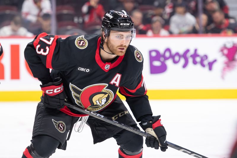 Sep 26, 2024; Ottawa, Ontario, CAN; Ottawa Senators left wing Noah Gregor (73) follows the puck in the second period against the Buffalo Sabres at the Canadian Tire Centre. Mandatory Credit: Marc DesRosiers-Imagn Images