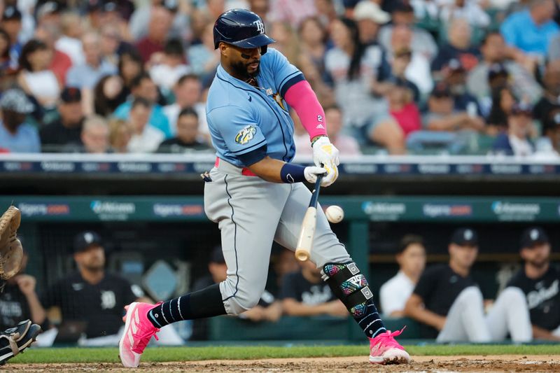 Aug 4, 2023; Detroit, Michigan, USA;  Tampa Bay Rays first baseman Yandy Diaz (2) hits an RBI single in the sixth inning against the Detroit Tigers at Comerica Park. Mandatory Credit: Rick Osentoski-USA TODAY Sports