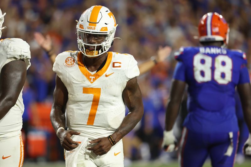 Sep 16, 2023; Gainesville, Florida, USA; Tennessee Volunteers quarterback Joe Milton III (7) looks on after against the Florida Gators during the second half at Ben Hill Griffin Stadium. Mandatory Credit: Kim Klement Neitzel-USA TODAY Sports