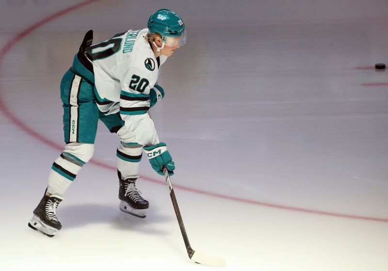 Nov 16, 2024; Pittsburgh, Pennsylvania, USA;  San Jose Sharks left wing Fabian Zetterlund (20) takes the ice to warm up against the Pittsburgh Penguins at PPG Paints Arena. Mandatory Credit: Charles LeClaire-Imagn Images