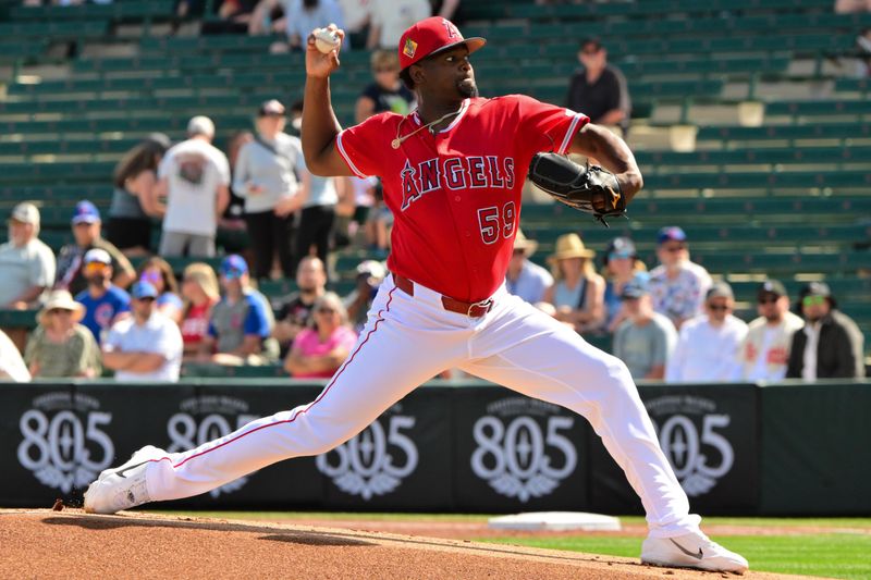 Feb 26, 2026; Tempe, Arizona, USA; Los Angeles Angels pitcher Jose Soriano (59) throws a pitch in the first inning against the Chicago Cubs at Tempe Diablo Stadium. Mandatory Credit: Matt Kartozian-Imagn Images
