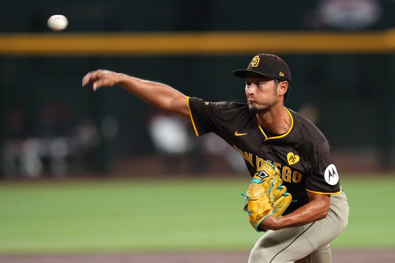 Sep 27, 2024; Phoenix, Arizona, USA; San Diego Padres pitcher Yu Darvish (11) pitches against the Arizona Diamondbacks during the first inning at Chase Field. Mandatory Credit: Joe Camporeale-Imagn Images