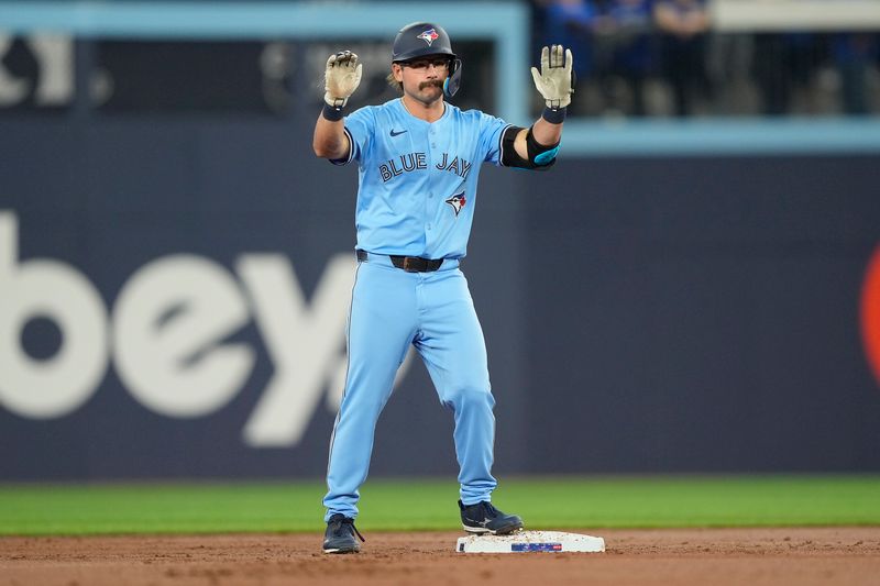 Apr 28, 2024; Toronto, Ontario, CAN; Toronto Blue Jays left fielder Davis Schneider (36) reacts after his double against the Los Angeles Dodgers during the second inning at Rogers Centre. Mandatory Credit: John E. Sokolowski-USA TODAY Sports