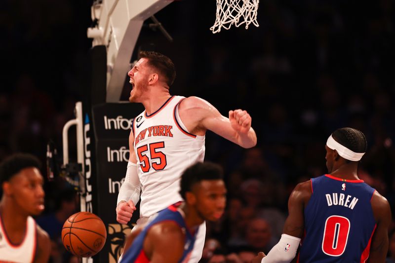 NEW YORK, NEW YORK - OCTOBER 21: Isaiah Hartenstein #55 of the New York Knicks reacts after dunking the ball during the second quarter of the game against the Detroit Pistons at Madison Square Garden on October 21, 2022 in New York City. NOTE TO USER: User expressly acknowledges and agrees that,  by downloading and or using this photograph,  User is consenting to the terms and conditions of the Getty Images License Agreement. (Photo by Dustin Satloff/Getty Images)