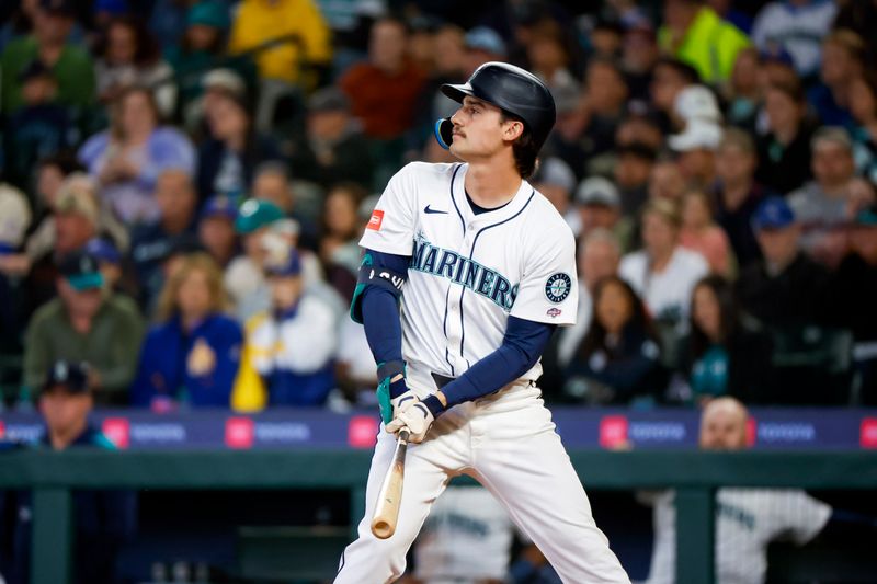 May 31, 2025; Seattle, Washington, USA; Seattle Mariners second baseman Cole Young (2) stands in the batters box against the Minnesota Twins during the fourth inning at T-Mobile Park. Mandatory Credit: Joe Nicholson-Imagn Images