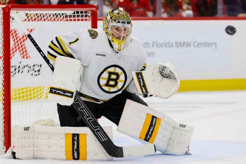 May 14, 2024; Sunrise, Florida, USA; Boston Bruins goaltender Jeremy Swayman (1) defends his net against the Florida Panthers during the second period in game five of the second round of the 2024 Stanley Cup Playoffs at Amerant Bank Arena. Mandatory Credit: Sam Navarro-USA TODAY Sports