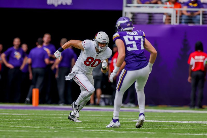 Arizona Cardinals tight end Bernhard Seikovits (80) in action against the Minnesota Vikings during the first half of an NFL preseason football game Saturday, Aug. 26, 2023 in Minneapolis. (AP Photo/Stacy Bengs)