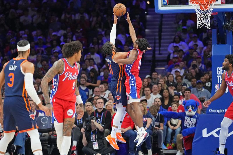PHILADELPHIA, PA - APRIL 28: Jalen Brunson #11 of the New York Knicks drives to the basket during the game against the Philadelphia 76ers during Round 1 Game 4 of the 2024 NBA Playoffs on April 28, 2024 at the Wells Fargo Center in Philadelphia, Pennsylvania NOTE TO USER: User expressly acknowledges and agrees that, by downloading and/or using this Photograph, user is consenting to the terms and conditions of the Getty Images License Agreement. Mandatory Copyright Notice: Copyright 2024 NBAE (Photo by Jesse D. Garrabrant/NBAE via Getty Images)