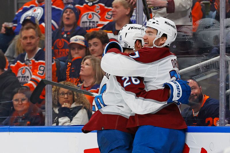 Mar 16, 2024; Edmonton, Alberta, CAN; The Colorado Avalanche celebrate a goal scored by defensemen Sean Walker (26) during the second period against the Edmonton Oilers at Rogers Place. Mandatory Credit: Perry Nelson-USA TODAY Sports