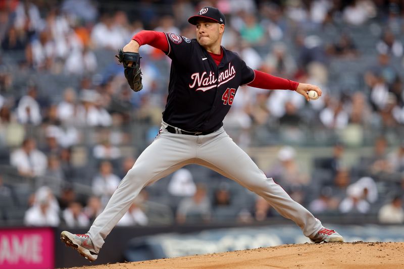 Aug 24, 2023; Bronx, New York, USA; Washington Nationals starting pitcher Patrick Corbin (46) pitches against the New York Yankees during the first inning at Yankee Stadium. Mandatory Credit: Brad Penner-USA TODAY Sports