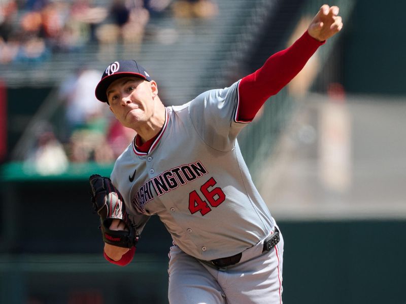 Apr 10, 2024; San Francisco, California, USA; Washington Nationals starting pitcher Patrick Corbin (46) throws a pitch against the San Francisco Giants during the first inning at Oracle Park. Mandatory Credit: Robert Edwards-USA TODAY Sports