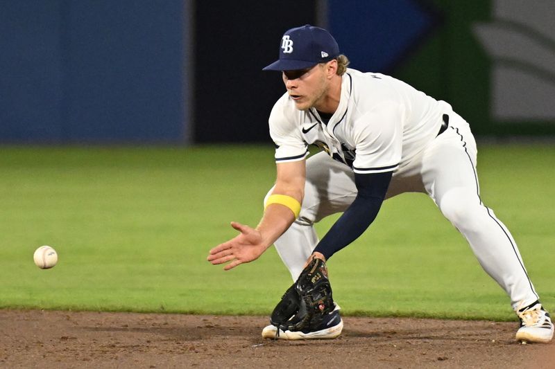 Apr 8, 2025; Anaheim, California, USA; Tampa Bay Rays shortstop Taylor Walls (6) fields a ground ball in the sixth inning against the Los Angeles Angels at George M. Steinbrenner Field. Mandatory Credit: Jonathan Dyer-Imagn Images