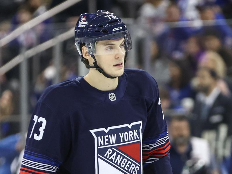 Jan 26, 2025; New York, New York, USA;  New York Rangers center Matt Rempe (73) enters the game in the third period against the Colorado Avalanche at Madison Square Garden. Mandatory Credit: Wendell Cruz-Imagn Images