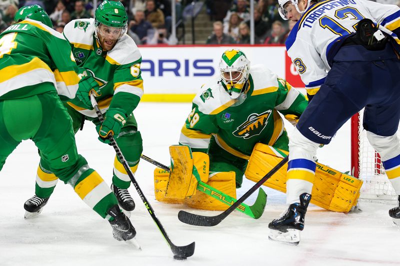 Mar 23, 2024; Saint Paul, Minnesota, USA; Minnesota Wild goaltender Marc-Andre Fleury (29) defends his net against the St. Louis Blues during the second period at Xcel Energy Center. Mandatory Credit: Matt Krohn-USA TODAY Sports