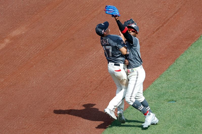 Apr 5, 2023; Washington, District of Columbia, USA; Washington Nationals center fielder Victor Robles (16) collides with Nationals left fielder Alex Call (17) while catching a fly ball by Tampa Bay Rays designated hitter Harold Ramirez (not pictured) during the seventh inning at Nationals Park. Mandatory Credit: Geoff Burke-USA TODAY Sports