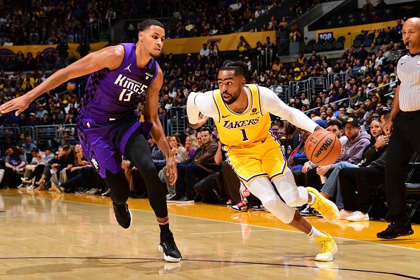 LOS ANGELES, CA - NOVEMBER 15: D'Angelo Russell #1 of the Los Angeles Lakers dribbles the ball during the game against the Sacramento Kings on November 15, 2023 at Crypto.Com Arena in Los Angeles, California. NOTE TO USER: User expressly acknowledges and agrees that, by downloading and/or using this Photograph, user is consenting to the terms and conditions of the Getty Images License Agreement. Mandatory Copyright Notice: Copyright 2023 NBAE (Photo by Adam Pantozzi/NBAE via Getty Images)