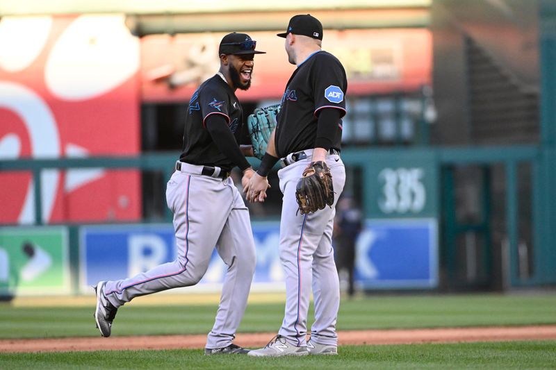 Sep 2, 2023; Washington, District of Columbia, USA; Miami Marlins right fielder Jesus Sanchez (7) celebrates with third baseman Jake Burger (36) after the game against the Washington Nationals at Nationals Park. Mandatory Credit: Brad Mills-USA TODAY Sports