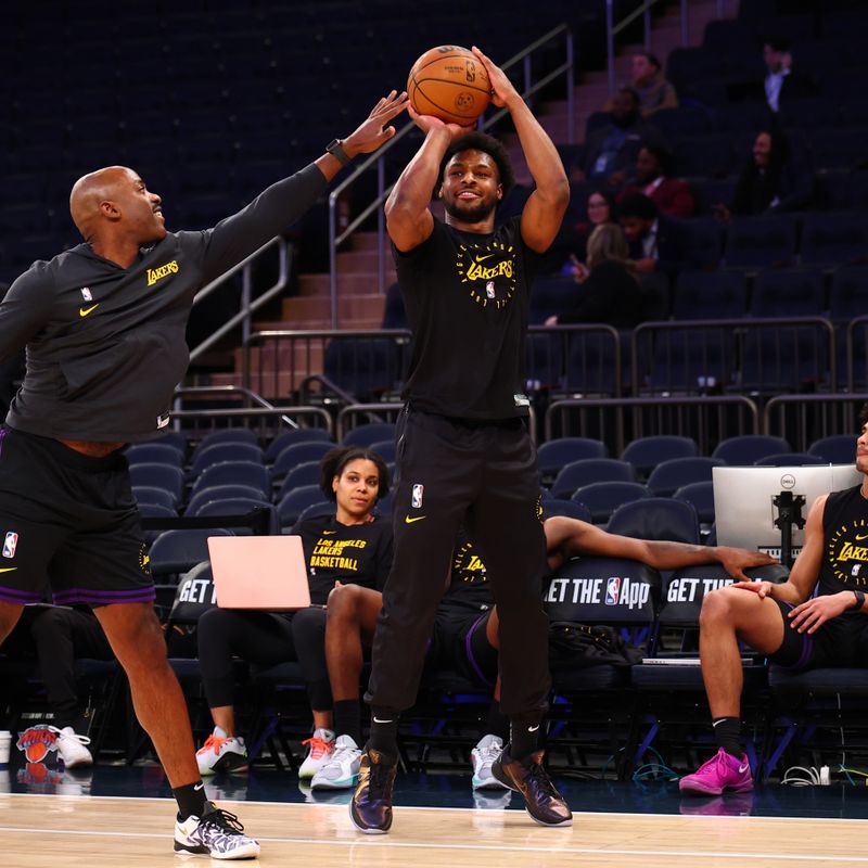 NEW YORK, NY - FEBRUARY1:  Bronny James #9 of the Los Angeles Lakers warms up before the game against the New York Knicks  on February  1, 2025 at Madison Square Garden in New York City, New York.  NOTE TO USER: User expressly acknowledges and agrees that, by downloading and or using this photograph, User is consenting to the terms and conditions of the Getty Images License Agreement. Mandatory Copyright Notice: Copyright 2025 NBAE  (Photo by David L. Nemec/NBAE via Getty Images)