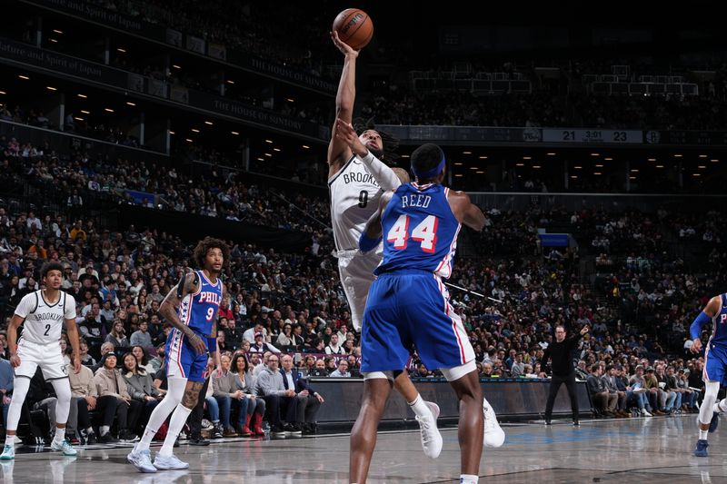 BROOKLYN, NY - MARCH 5: Trendon Watford #9 of the Brooklyn Nets drives to the basket during the game against the Philadelphia 76ers on March 5, 2024 at Barclays Center in Brooklyn, New York. NOTE TO USER: User expressly acknowledges and agrees that, by downloading and or using this Photograph, user is consenting to the terms and conditions of the Getty Images License Agreement. Mandatory Copyright Notice: Copyright 2024 NBAE (Photo by Jesse D. Garrabrant/NBAE via Getty Images)