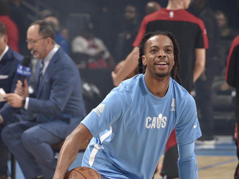 CLEVELAND, OH - MARCH 5: Darius Garland #10 of the Cleveland Cavaliers smiles before the game against the Miami Heat on March 5, 2025 at Rocket Arena in Cleveland, Ohio. NOTE TO USER: User expressly acknowledges and agrees that, by downloading and/or using this Photograph, user is consenting to the terms and conditions of the Getty Images License Agreement. Mandatory Copyright Notice: Copyright 2025 NBAE (Photo by David Liam Kyle/NBAE via Getty Images)