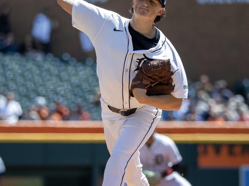 Apr 26, 2024; Detroit, Michigan, USA; Detroit Tigers pitcher Reese Olson (45) throws in the first inning against the Kansas City Royals at Comerica Park. Mandatory Credit: David Reginek-USA TODAY Sports