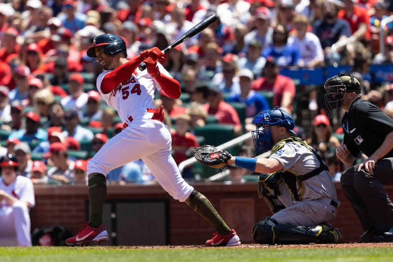 May 21, 2023; St. Louis, Missouri, USA;  St. Louis Cardinals   scar Mercado (54) hits against the Los Angeles Dodgers at Busch Stadium. Mandatory Credit: Zach Dalin-USA TODAY Sports