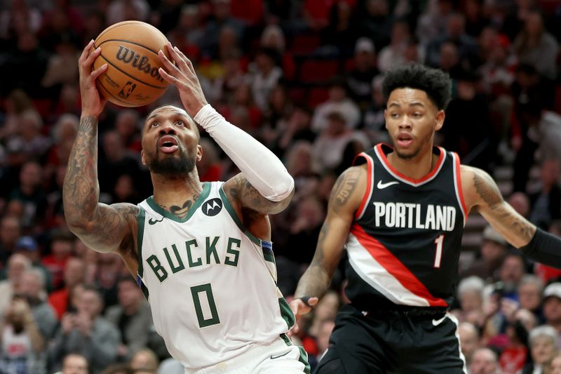 PORTLAND, OREGON - JANUARY 31: Damian Lillard #0 of the Milwaukee Bucks shoots against Anfernee Simons #1 of the Portland Trail Blazers during the first quarter at Moda Center on January 31, 2024 in Portland, Oregon. (Photo by Steph Chambers/Getty Images)