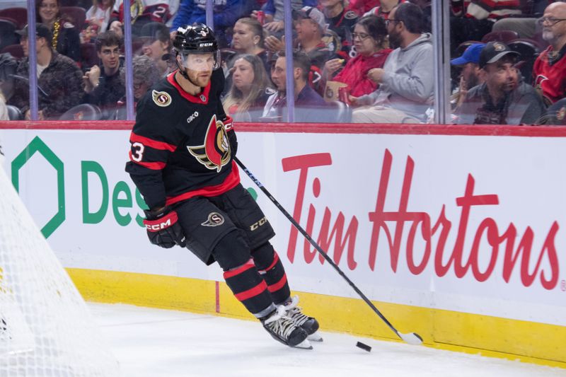 Oct 13, 2025; Ottawa, Ontario, CAN; Ottawa Senators defenseman Nick Jensen (3) controls the puck in the second period against the Nashville Predators at the Canadian Tire Centre. Mandatory Credit: Marc DesRosiers-IMAGN Images