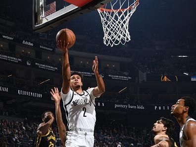 SAN FRANCISCO, CA - DECEMBER 16: Cameron Johnson #2 of the Brooklyn Nets drives to the basket during the game against the Golden State Warriors on December 16, 2023 at Chase Center in San Francisco, California. NOTE TO USER: User expressly acknowledges and agrees that, by downloading and or using this photograph, user is consenting to the terms and conditions of Getty Images License Agreement. Mandatory Copyright Notice: Copyright 2023 NBAE (Photo by Noah Graham/NBAE via Getty Images)