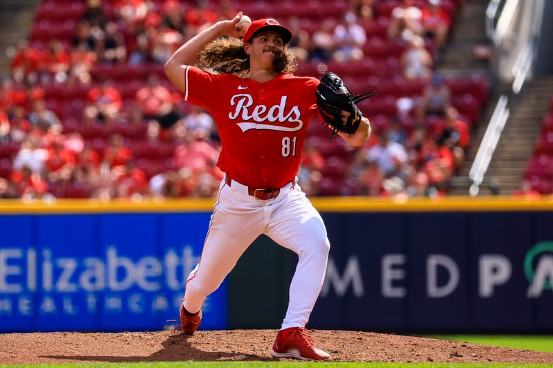 Sep 21, 2024; Cincinnati, Ohio, USA; Cincinnati Reds starting pitcher Rhett Lowder (81) pitches against the Pittsburgh Pirates in the third inning at Great American Ball Park. Mandatory Credit: Katie Stratman-Imagn Images