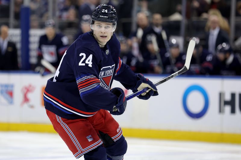 Jan 14, 2024; New York, New York, USA; New York Rangers right wing Kaapo Kakko (24) skates against the Washington Capitals during the third period at Madison Square Garden. Mandatory Credit: Brad Penner-USA TODAY Sports