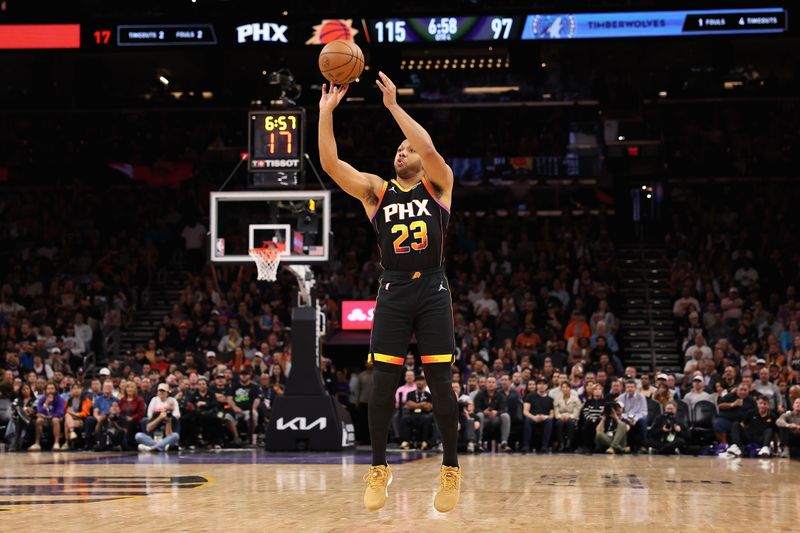 PHOENIX, ARIZONA - NOVEMBER 15: Eric Gordon #23 of the Phoenix Suns puts up a three-point shot against the Minnesota Timberwolves during the second half of the NBA game at Footprint Center on November 15, 2023 in Phoenix, Arizona. The Suns defeated the Timberwolves 133-115. NOTE TO USER: User expressly acknowledges and agrees that, by downloading and or using this photograph, User is consenting to the terms and conditions of the Getty Images License Agreement.  (Photo by Christian Petersen/Getty Images)