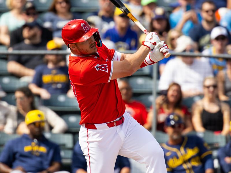 Feb 27, 2024; Tempe, Arizona, USA; Los Angeles Angels outfielder Mike Trout against the Milwaukee Brewers during a spring training game at Tempe Diablo Stadium. Mandatory Credit: Mark J. Rebilas-USA TODAY Sports