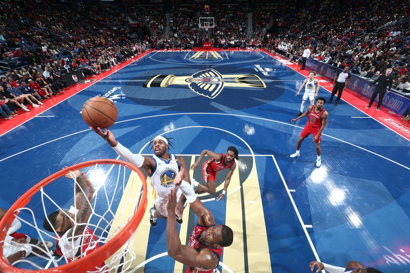 NEW ORLEANS, LA - NOVEMBER 22: Buddy Hield #7 of the Golden State Warriors drives to the basket during the game against the New Orleans Pelicans during the Emirates NBA Cup game on November 22, 2024 at the Smoothie King Center in New Orleans, Louisiana. NOTE TO USER: User expressly acknowledges and agrees that, by downloading and or using this Photograph, user is consenting to the terms and conditions of the Getty Images License Agreement. Mandatory Copyright Notice: Copyright 2024 NBAE (Photo by Layne Murdoch Jr./NBAE via Getty Images)