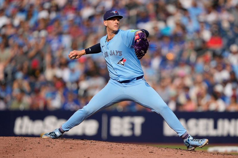 Aug 24, 2024; Toronto, Ontario, CAN; Toronto Blue Jays starting pitcher Bowden Francis (44) pitches to the Los Angeles Angels during the ninth inning at Rogers Centre. Mandatory Credit: John E. Sokolowski-USA TODAY Sports